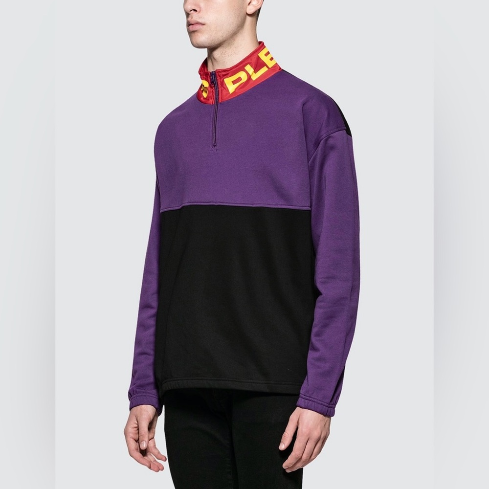 NWOT PLEASURES Misfit Quarter Zip Pullover Logo Sweatshirt in Purple/Black, XL